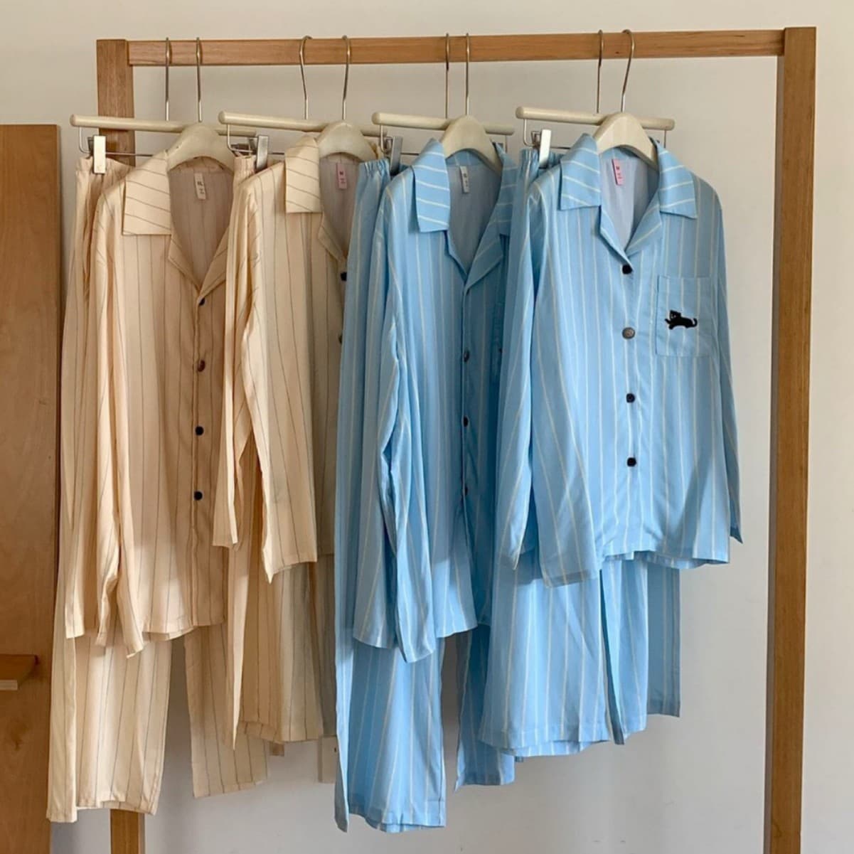 JIEAINA® WD261 Korean Striped Couple Pajamas Spring Autumn New Tencel Cotton Set