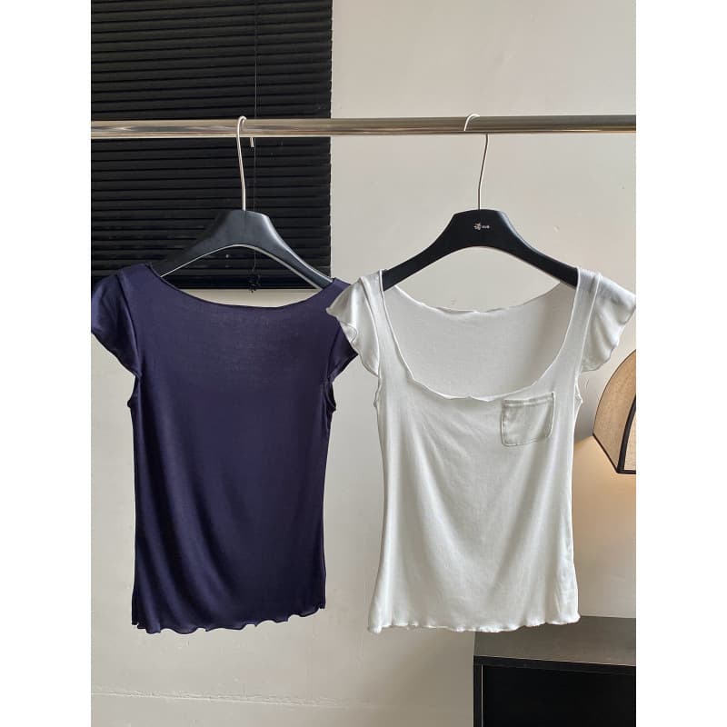 Nuo Chu Flying Bird and Wind Pure Desire Style Ruffle Sleeve T-Shirt for Women, Summer Square Neck Short Sleeve Slim Fit Hot Girl Top Trend