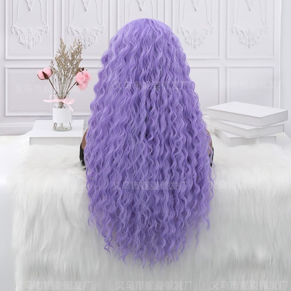 Long, curly purple synthetic lace front wig, full-body wig
