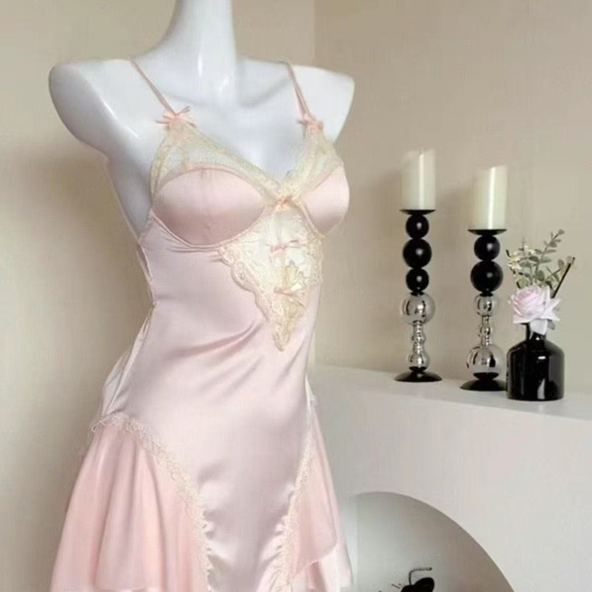 Lip Print Sleep Dress, Sweet Mesh Butterfly Lace Camisole Nightgown
