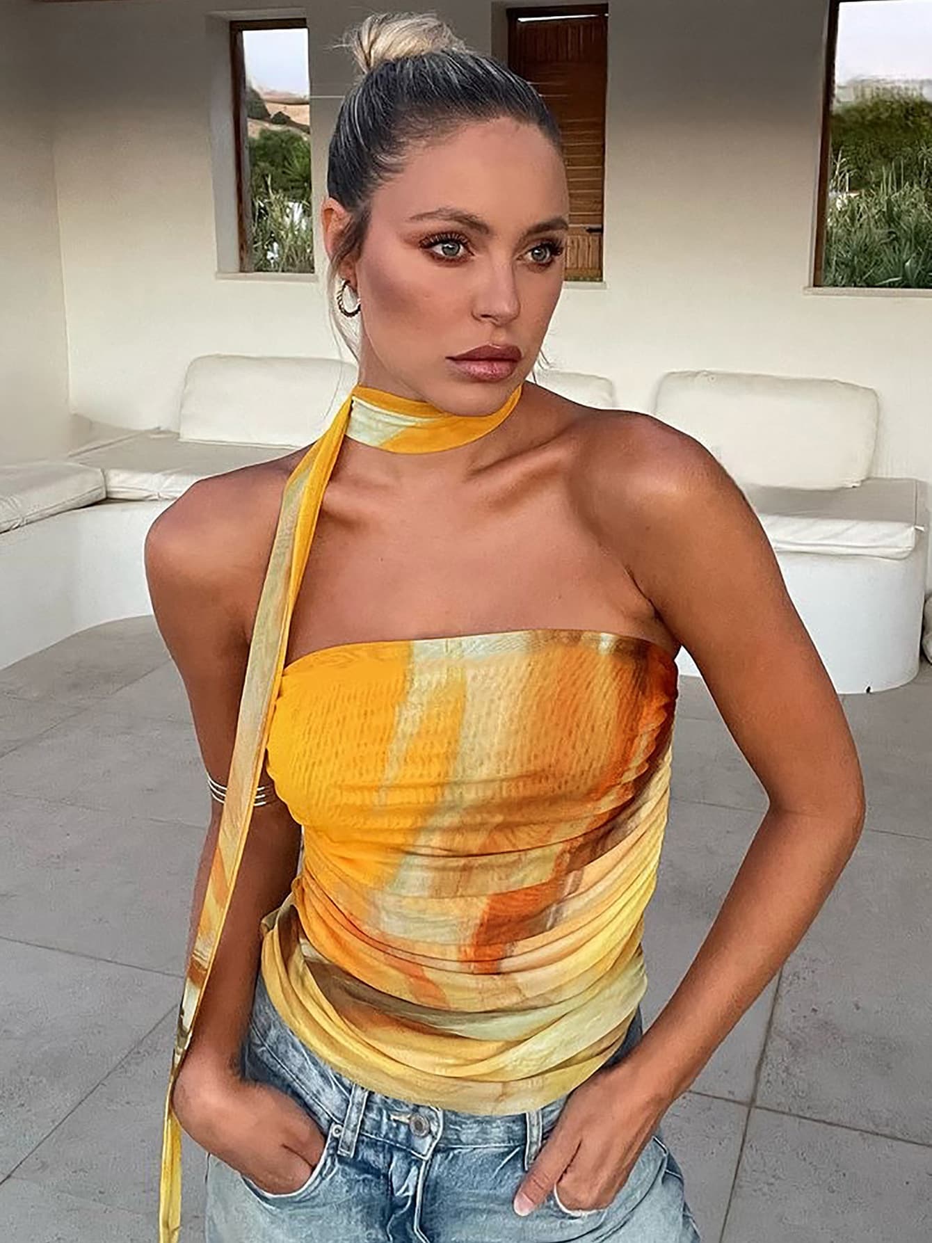 Women's 2026 Fashion Printed Fitted Tube Top Ruffled Top Wholesale