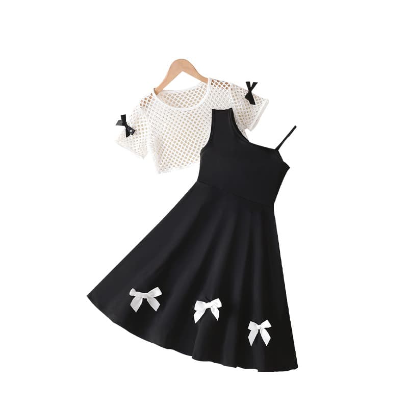 Foreign Trade Summer Girls' Suit Black and White Mesh Cover-up Top Off-Shoulder Suspender Dress with Bow - Sweet and Cool Style Children's Dress