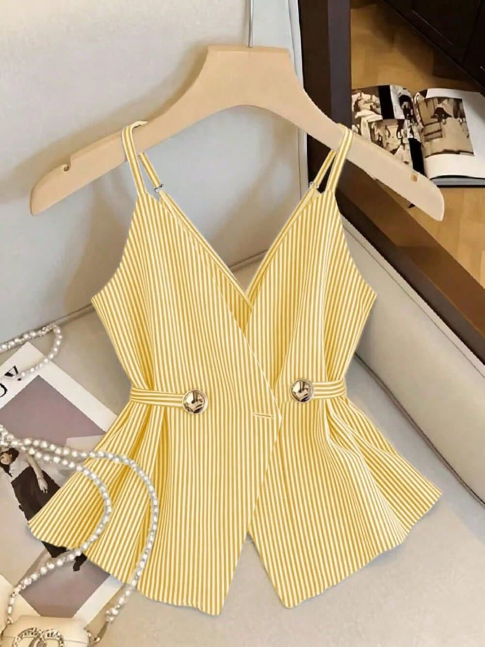 Women's Striped V-Neck Sleeveless Top with Metal Button Yellow