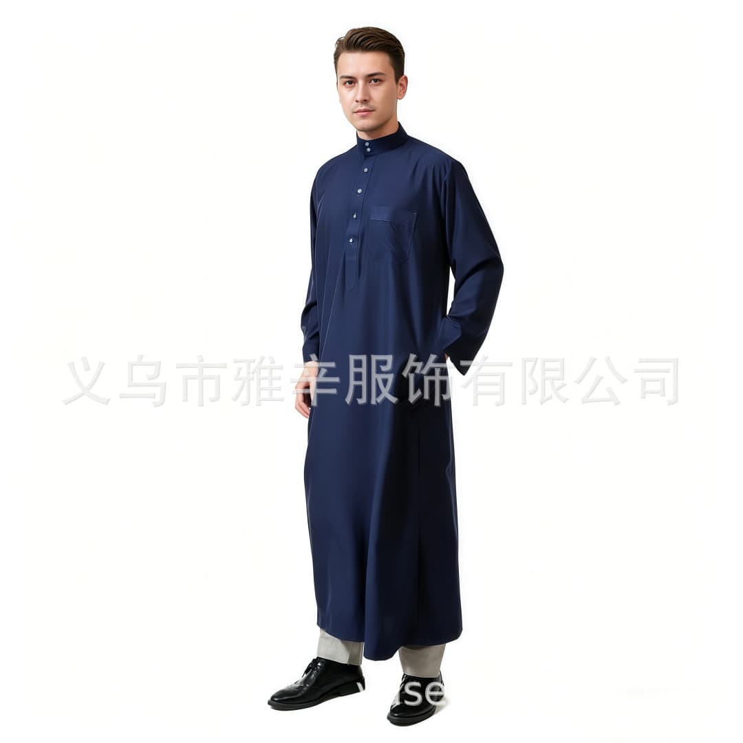 Foreign trade men's stand-up collar long coat, solid color, stand-up collar, half-open placket, loose-fitting robe with pockets, cross-border dropshipping available.