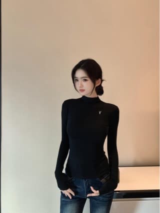 Embroidered Half Turtleneck Long-Sleeved T-Shirt for Women 2025 Autumn and Winter New Loose Slimming Look Versatile Warm Bottoming Shirt