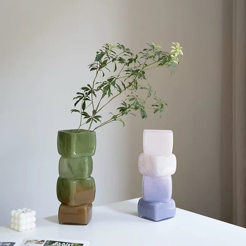 Vintage Glaze Square Mouth Vase Glass Design Hydroponic Fresh Flower Geometric Green Vase Decoration Niche High-End