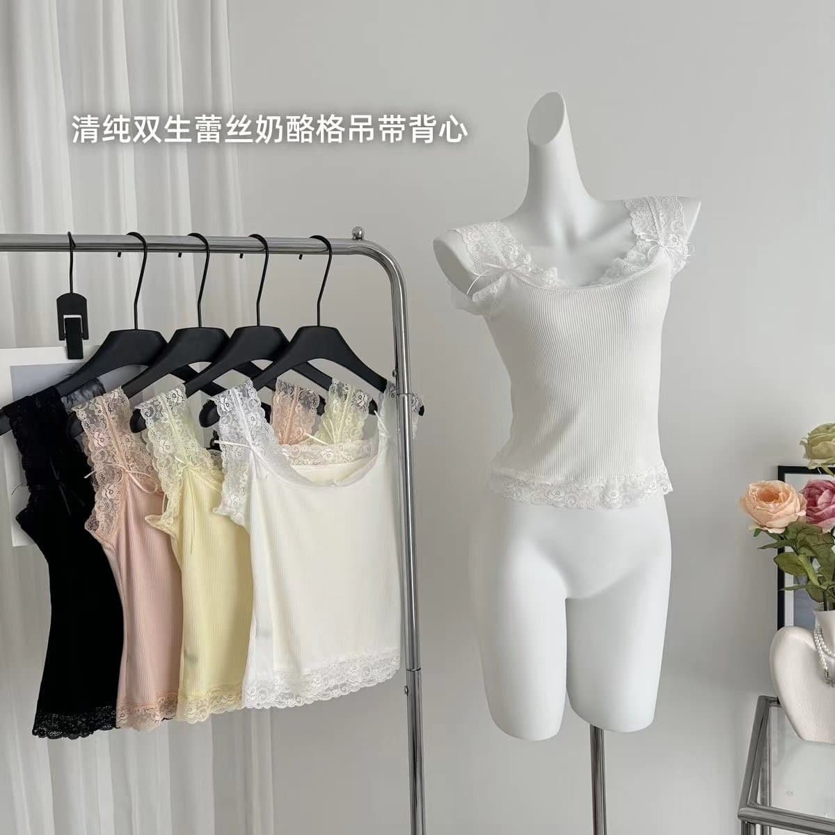 Lace-trimmed, hollowed-out, spliced, pure and sexy short camisole, new summer style, slim fit, hot girl clothing