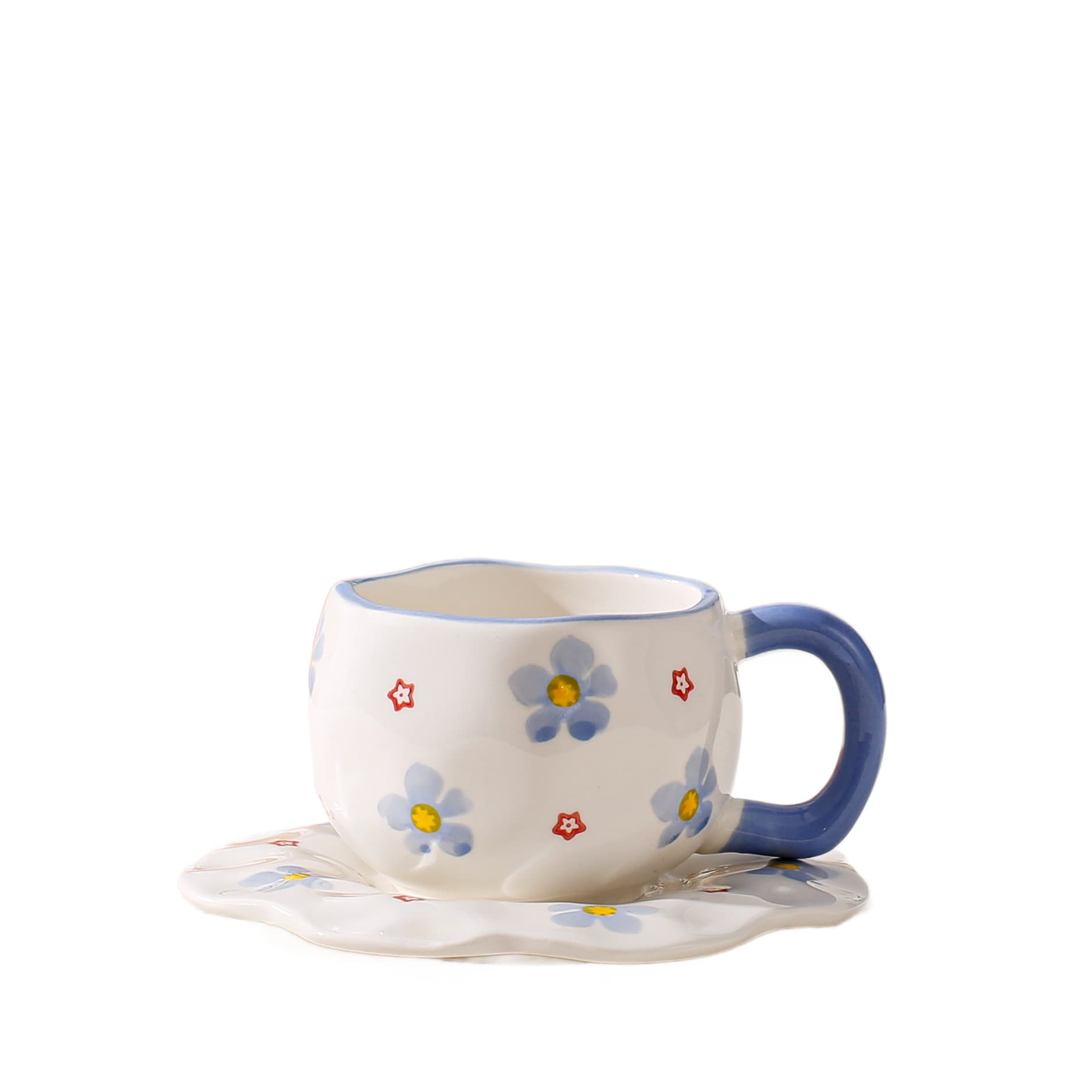 High-quality hand-painted flower ceramic mug with saucer, cute and trendy for girls, perfect for home use, including breakfast.