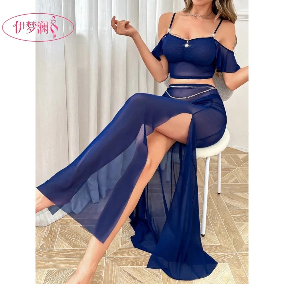 Cross-Border European American New Camisole Lace Sheer Sleep Dress V-Neck Sexy Dress Homewear Set Lingerie Sleepwear