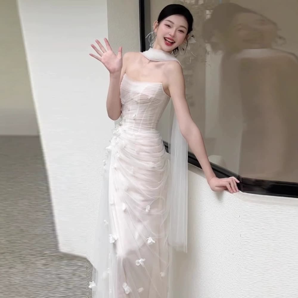French Light Wedding Dress Forest Ethereal Mermaid Sweet Bride Flower Morning Robe Luxury Strapless Engagement Gown Reception Dress