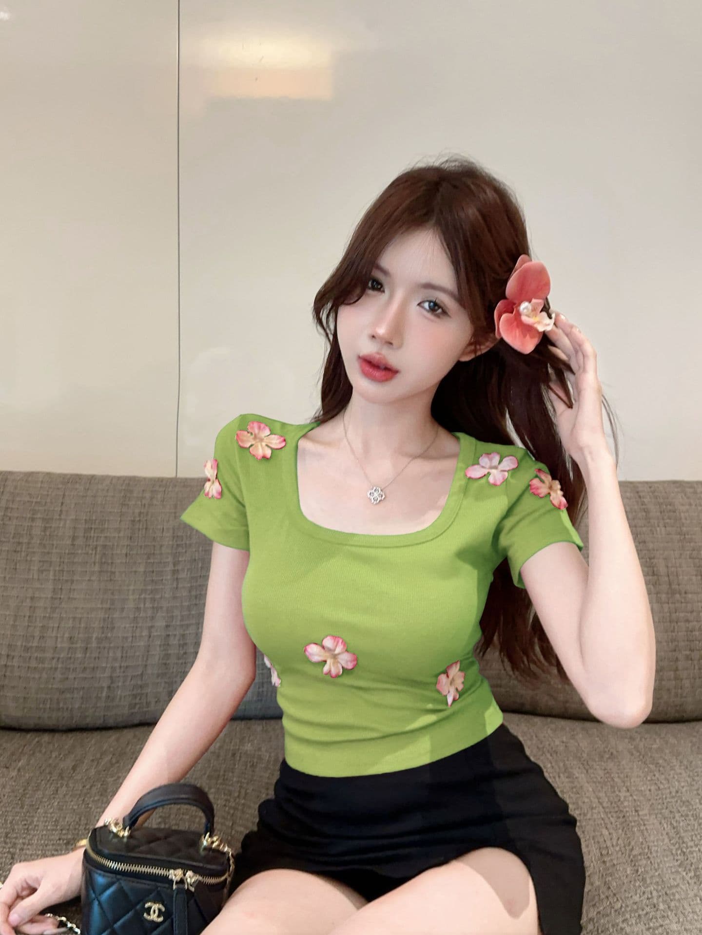 Rose Red Square Collar Three-dimensional Flower Short-sleeved T-shirt Women's Summer Pure Sweet Spice Girl Short Small Top Chic and Beautiful