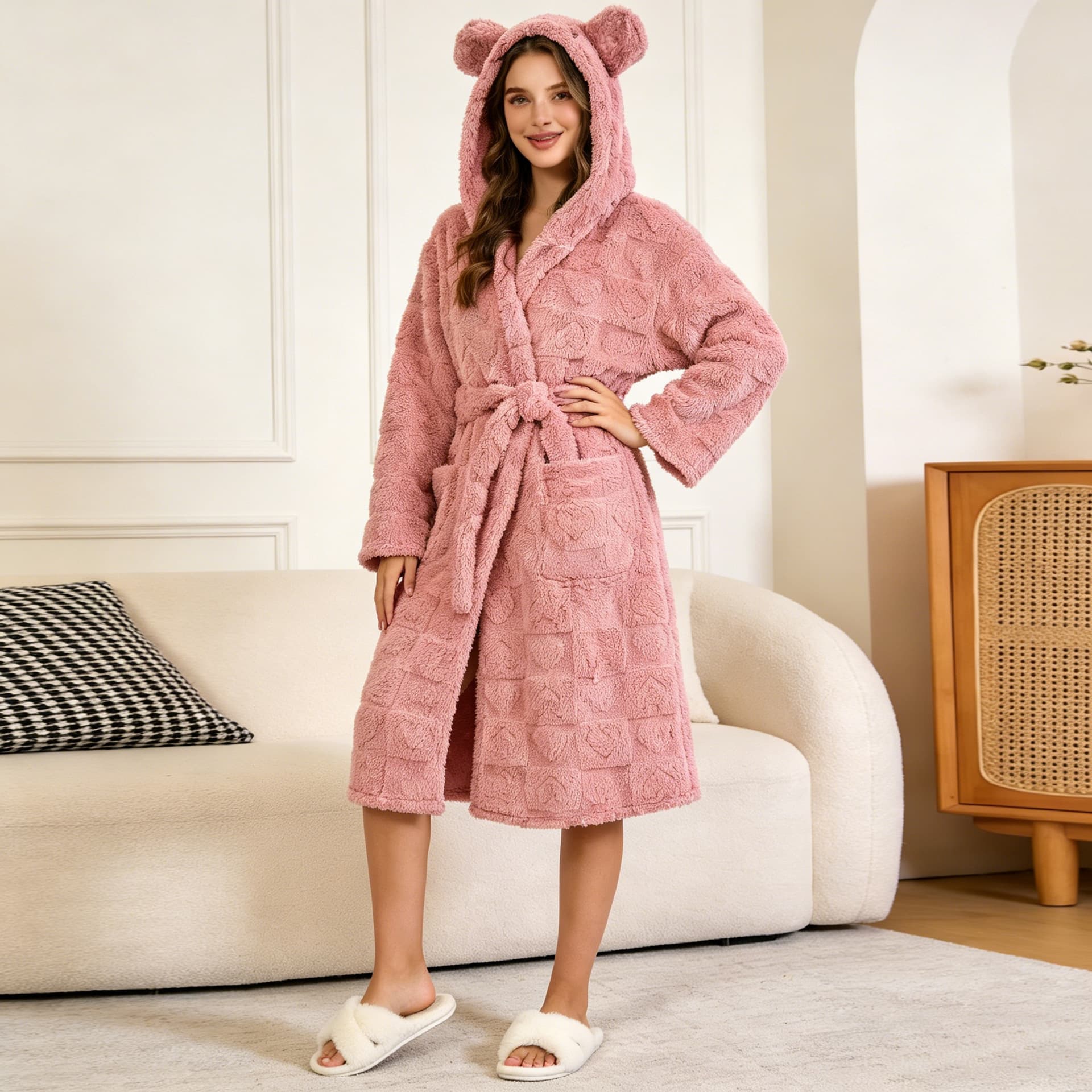 Amazon Cross-Border Women's Autumn and Winter Bathrobe Nightgown Love Flannel Sweet and Cute Hooded Lace-Up Home Clothes
