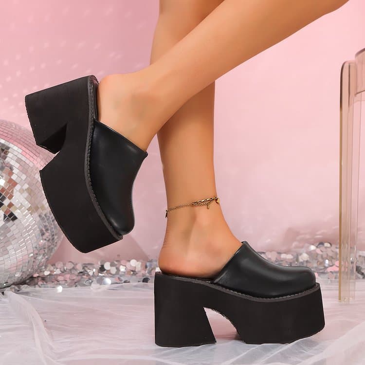 2024 European American New Thick Sole Closed Toe Slippers Cross Border Large Size 43 High Heel Women Shoes