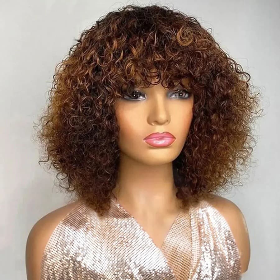 Brazilian fringe Bangs Curly Bob 250% density Human Hair wig