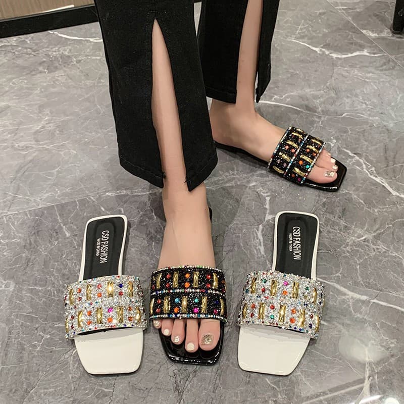 2025 Summer New Retro Colorful Rhinestone Flat Sandals Women's One-Strap Slide Slippers