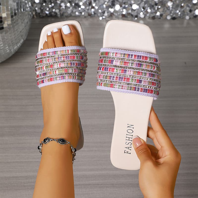 Cross-Border Large Size Women's Sandals 2026 New Summer Fashion Outdoor Rhinestone Square Toe Flat Slippers for Women