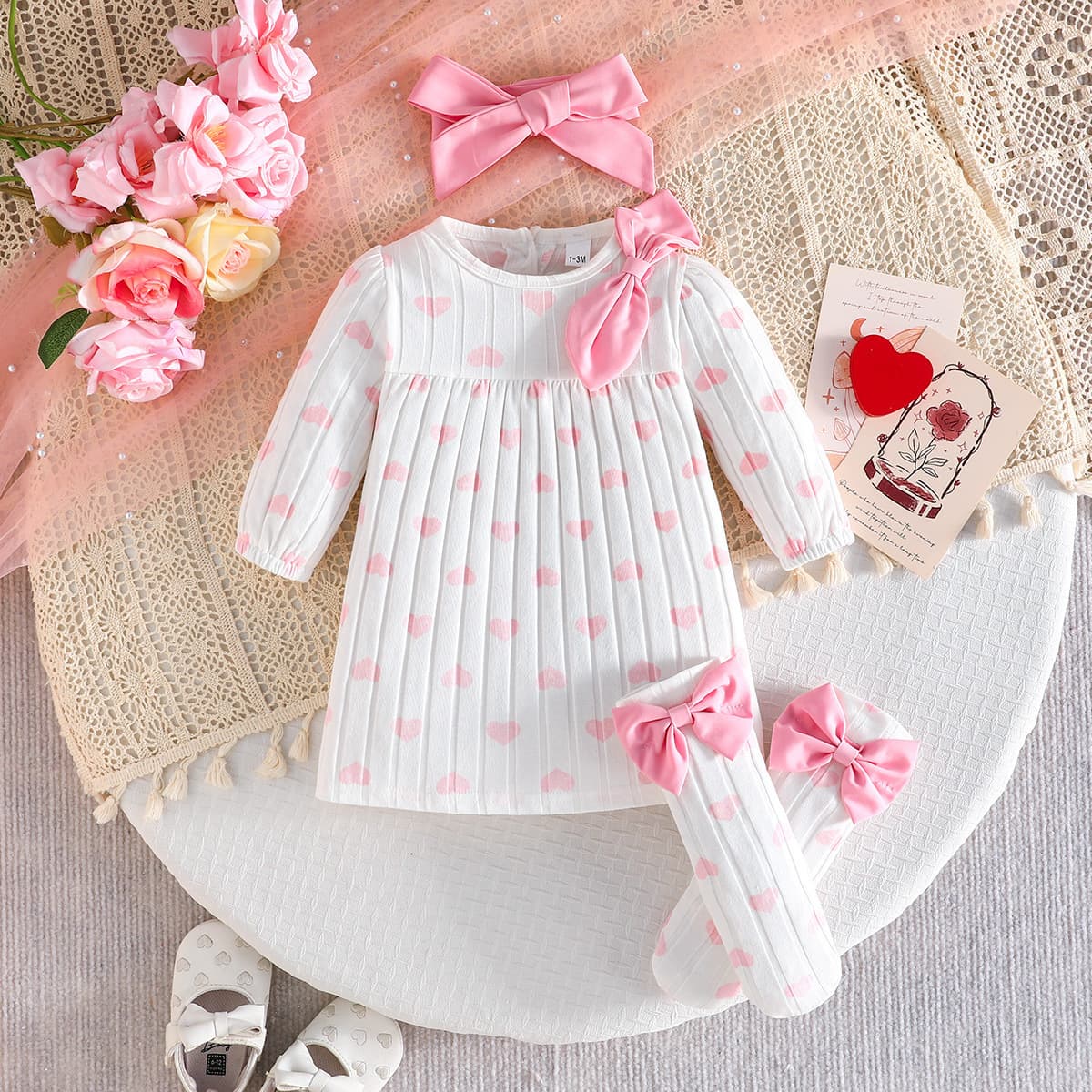 2026 Baby Girl Heart Cherry Print Outfit Long Sleeve Dress + Sock Set + Hair Accessories Princess Style Three-Piece Set