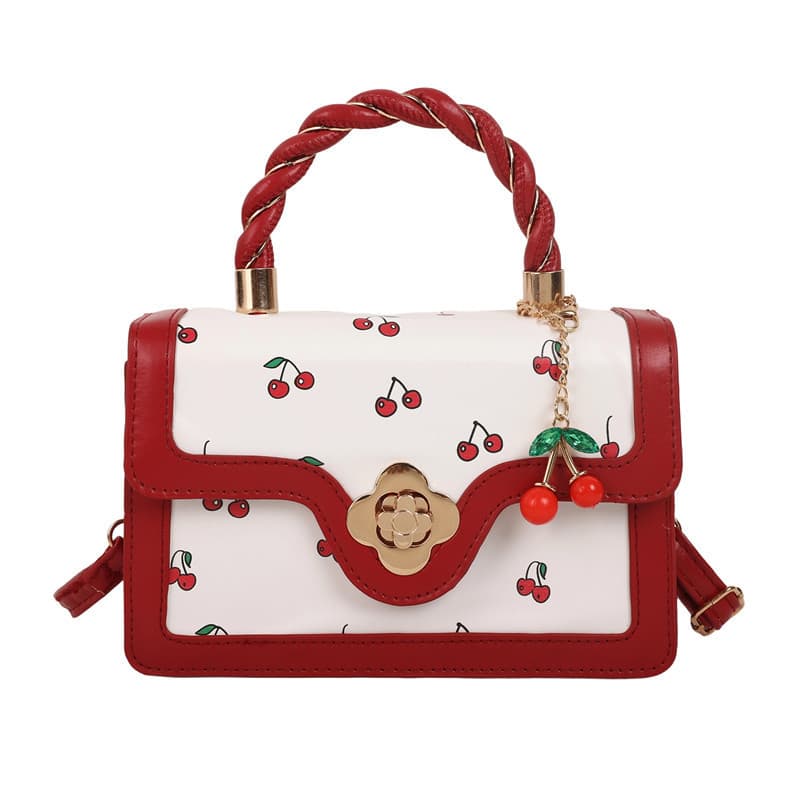 2025 New Cute Cherry Print Crossbody Bag, Braided Handle Small Square Bag, Color-Blocking Design, Trendy Shoulder Bag