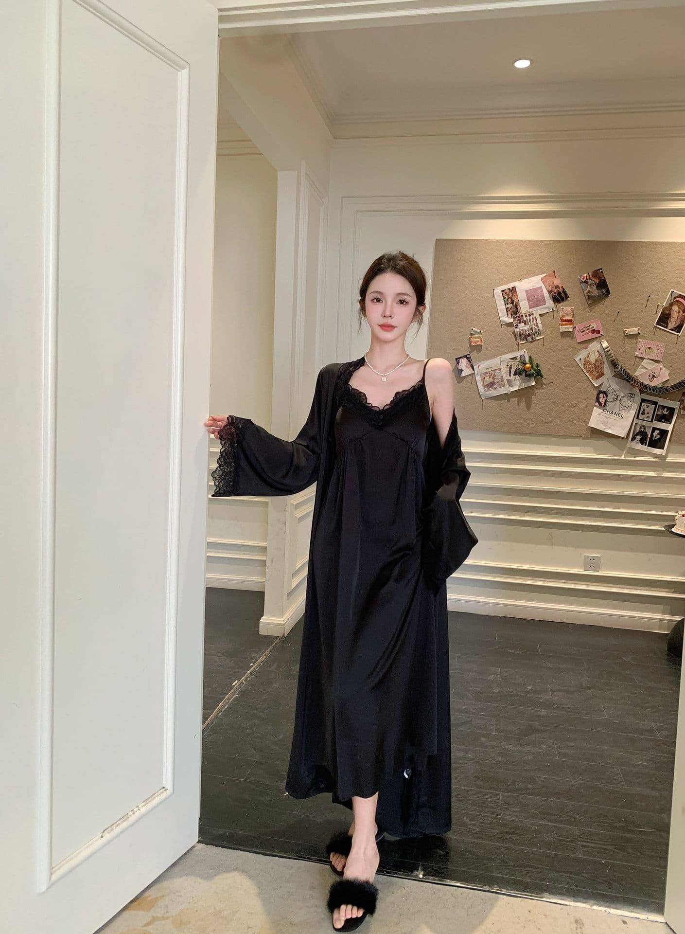 Women's Spring New Silk Sleepwear Set: Camisole Nightgown and Long-Sleeve Robe, Sexy Faux Silk Nightgown, Extended Length