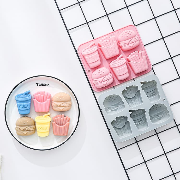 In Stock 6-Piece Burger Fries Cola Shaped Silicone Mold Handmade Soap Jelly Glue Baking Chocolate Mold