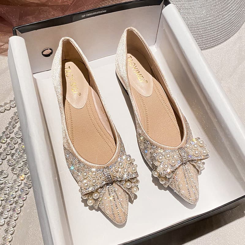 Pointed Toe Single Shoes Women 2022 New Chunky Heel Shallow Mouth Rhinestone Pearl Bow Elegant Women's Shoes Soft Sole Comfortable
