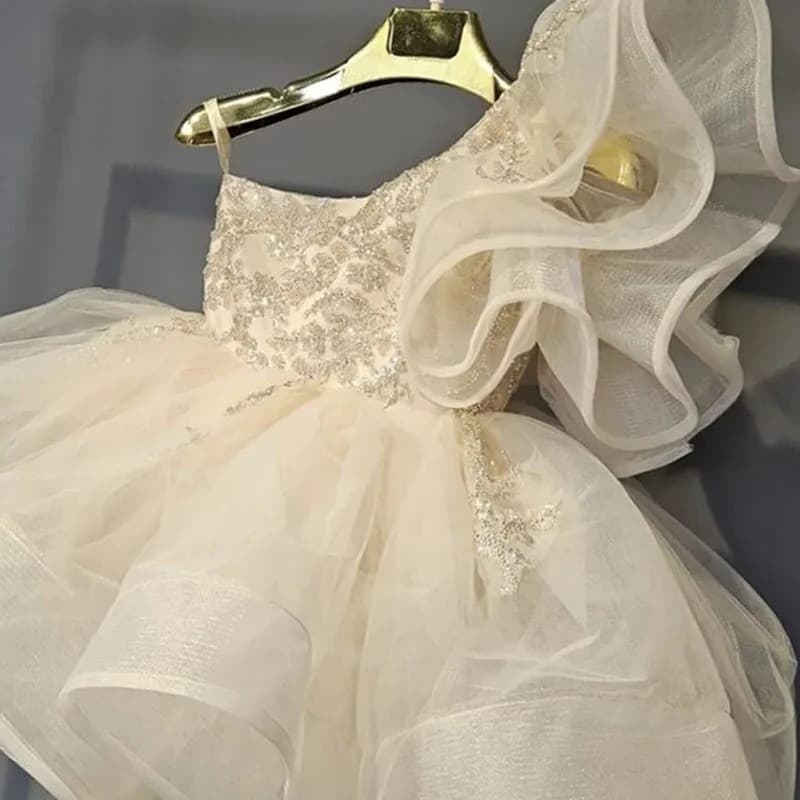 Cross-border Little Girl One-Shoulder Dress, Piano Hostess Performance Costume, Fashion Party Princess Dress, Champagne Color New Arrival