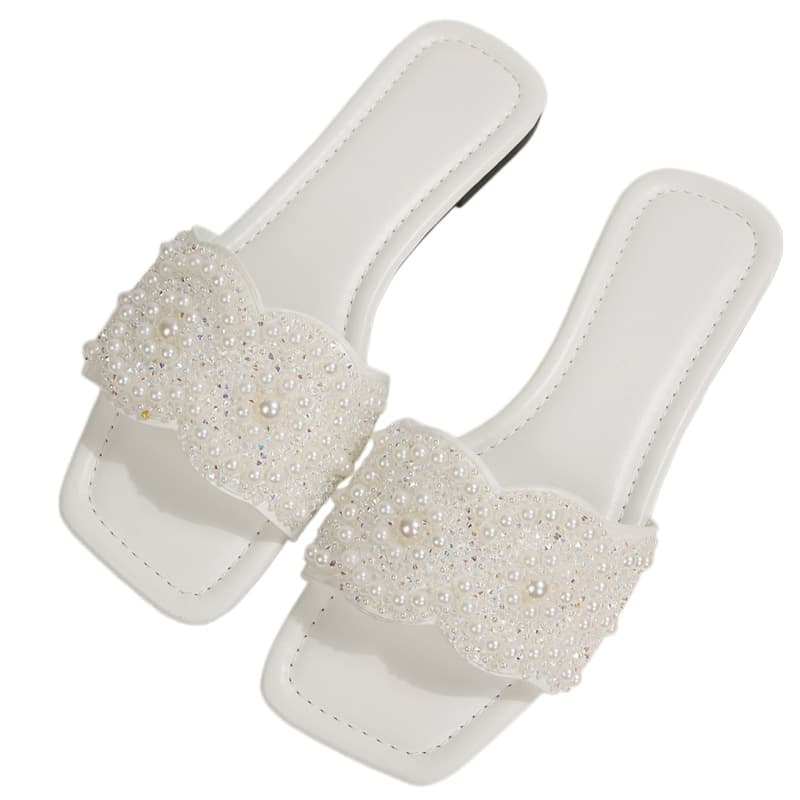 2026 Summer Slide Sandals Women Rhinestone Flat Fashion Square Toe Pearl