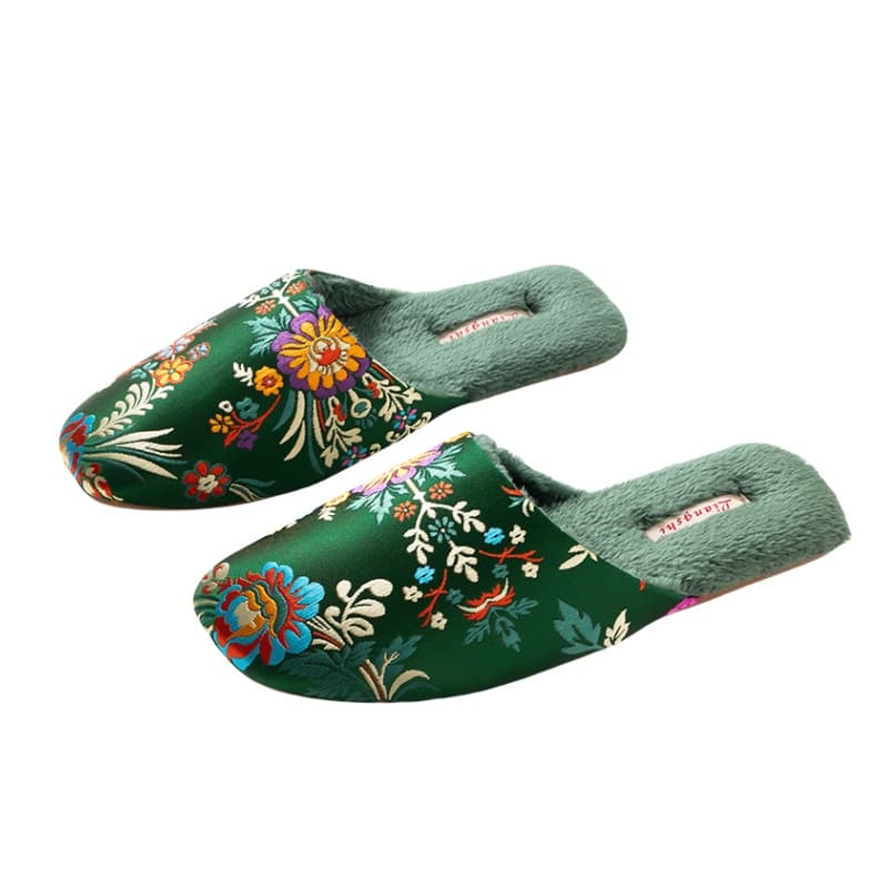 Light Luxury Ancient-Style Satin Embroidered Floral New Chinese-Style Couple's Winter Indoor Non-Slip Warm Cotton Slippers Custom-Made