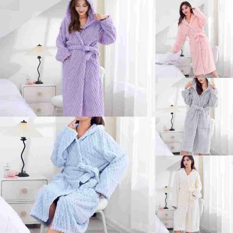 Coral Fleece Bathrobe Cloud Grid Hooded Bathrobe Home Adult Breathable Loose Couple Sleepwear Daily Camisole Bath Skirt