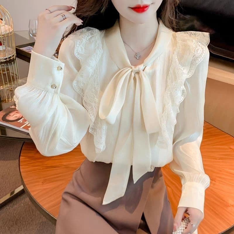2025 New French Elegant Tie Bow Blouse Women Long Sleeve Lace Design Fashion Top