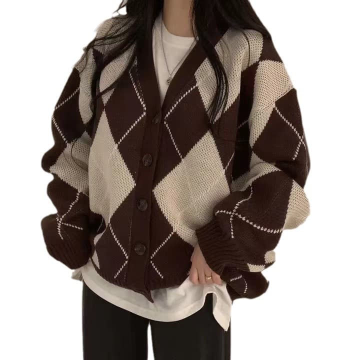 Korean School Style Diamond Contrast Loose V-Neck Knit Cardigan Women 2025 Spring Autumn New Casual