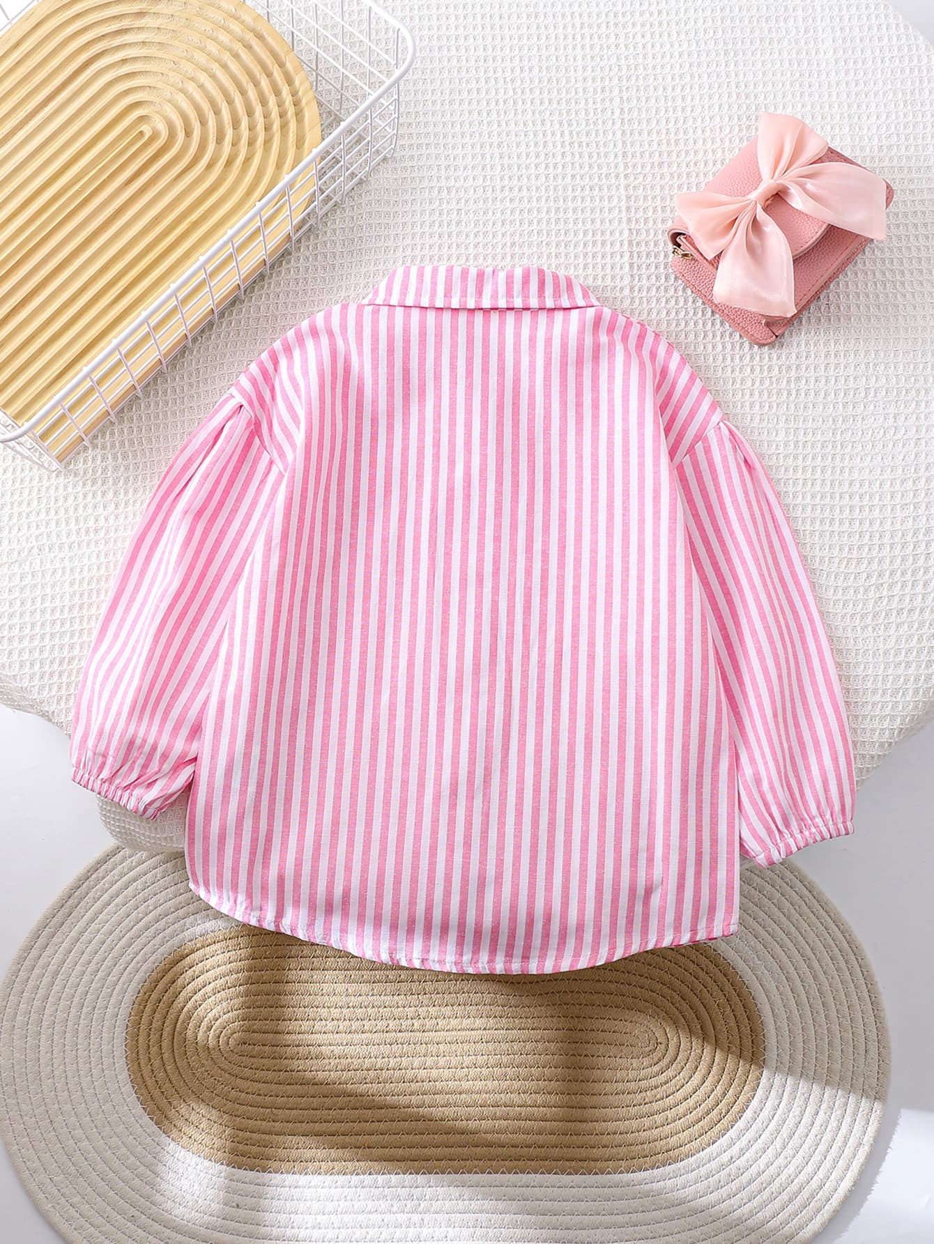 Cross Border Export Girls Spring Autumn Long Sleeve Pink Striped Shirt Drop Shoulder Button Design Loose Fit Top