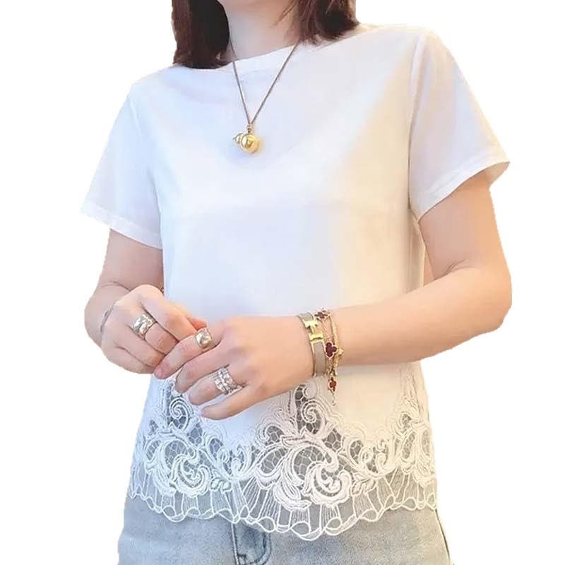 Design Lace Patch Top 2026 New Summer Fashion Elegant Hem Hollow Lace Trim Short Sleeve T-Shirt