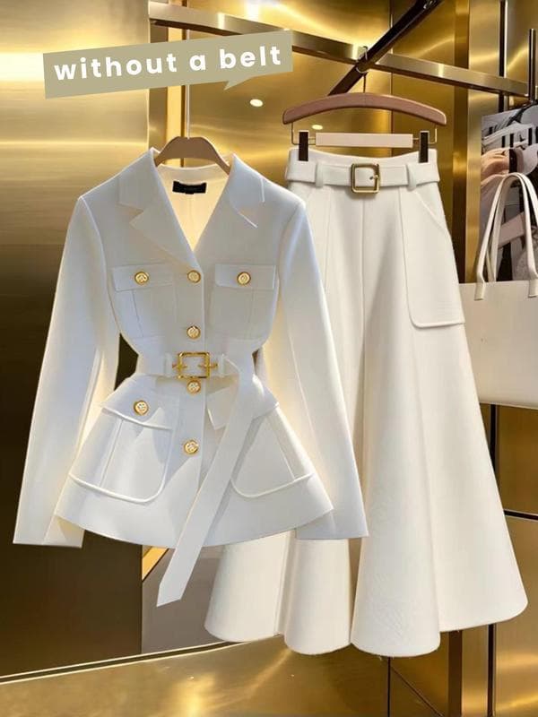 piece Set Women's Solid Color Button Front Belted Blazer