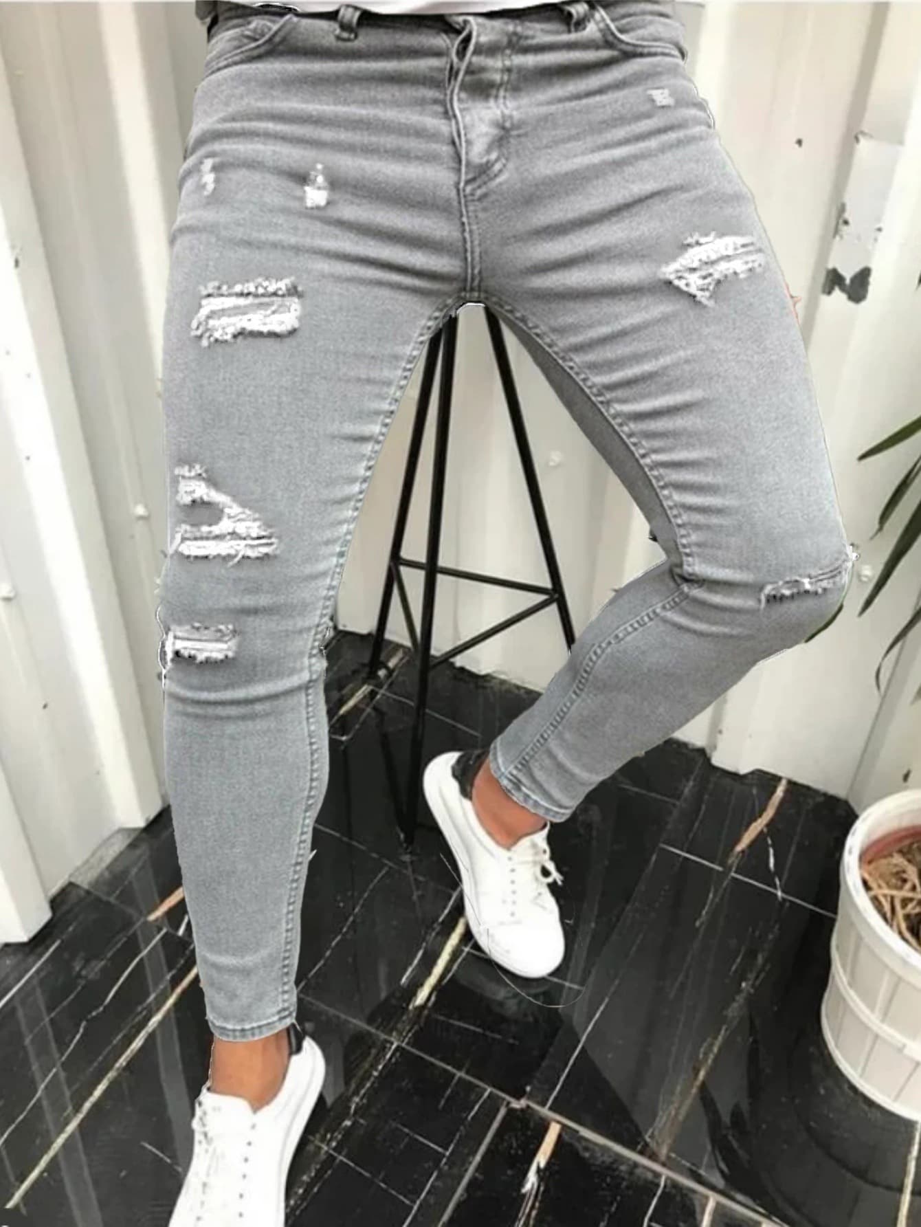American high street style new AliExpress tight-fitting trendy patchwork ripped skinny jeans solid color simple denim trousers