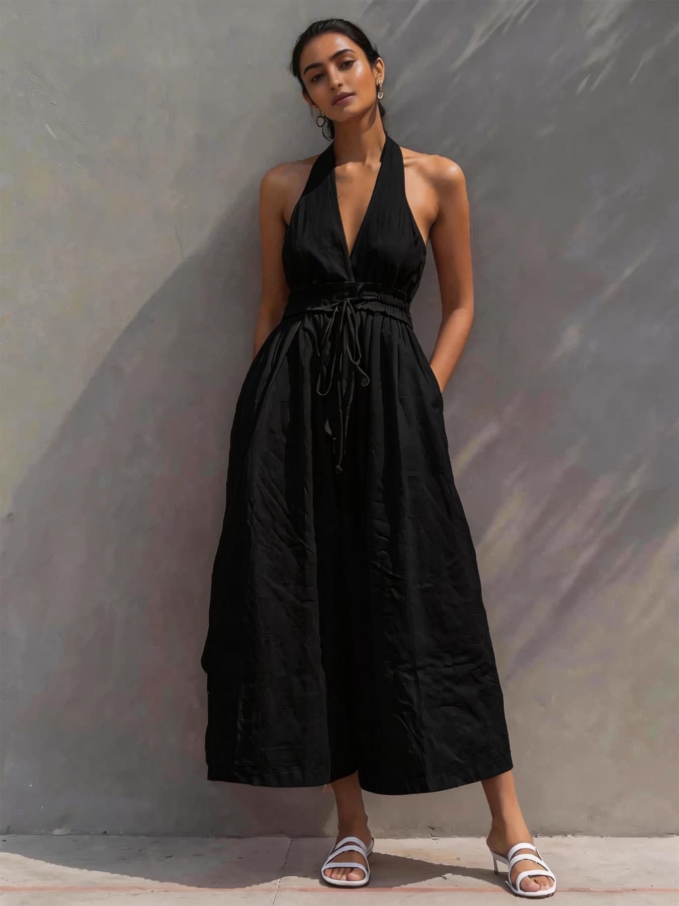 2026 European and American Cross-Border Independent Website Women's New Linen Vacation Style V-Neck Tie-Up Jumpsuit