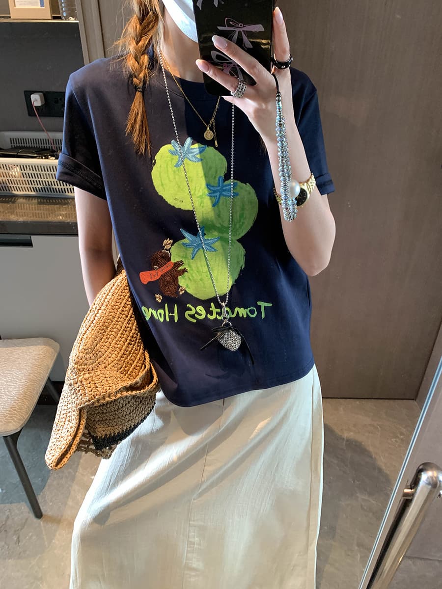Moqie Fashionista Private Collection Cartoon Bear Tomato Embroidery Print Round Neck Slimming Short Sleeve T-Shirt MQ1219
