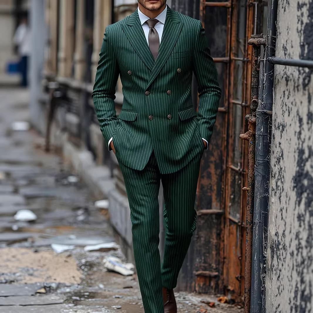 Men's striped double-breasted slim-fit two-piece suit, high-quality peak lapel suit, business groom's tuxedo.
