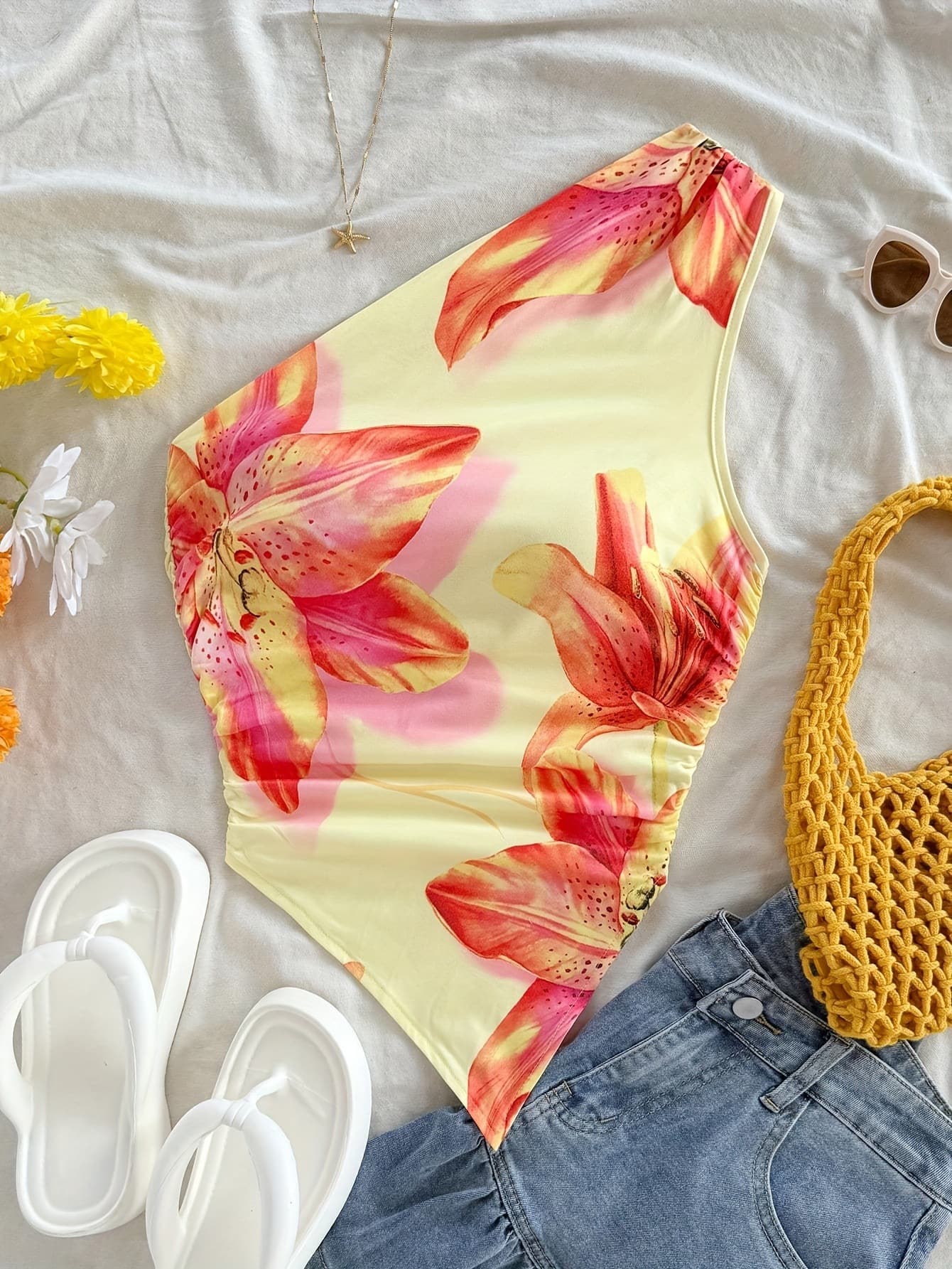 European and American Cross-Border 2025 Sexy Single-Shoulder Floral Print Summer Plant Flower Off-Shoulder Strapless Vest