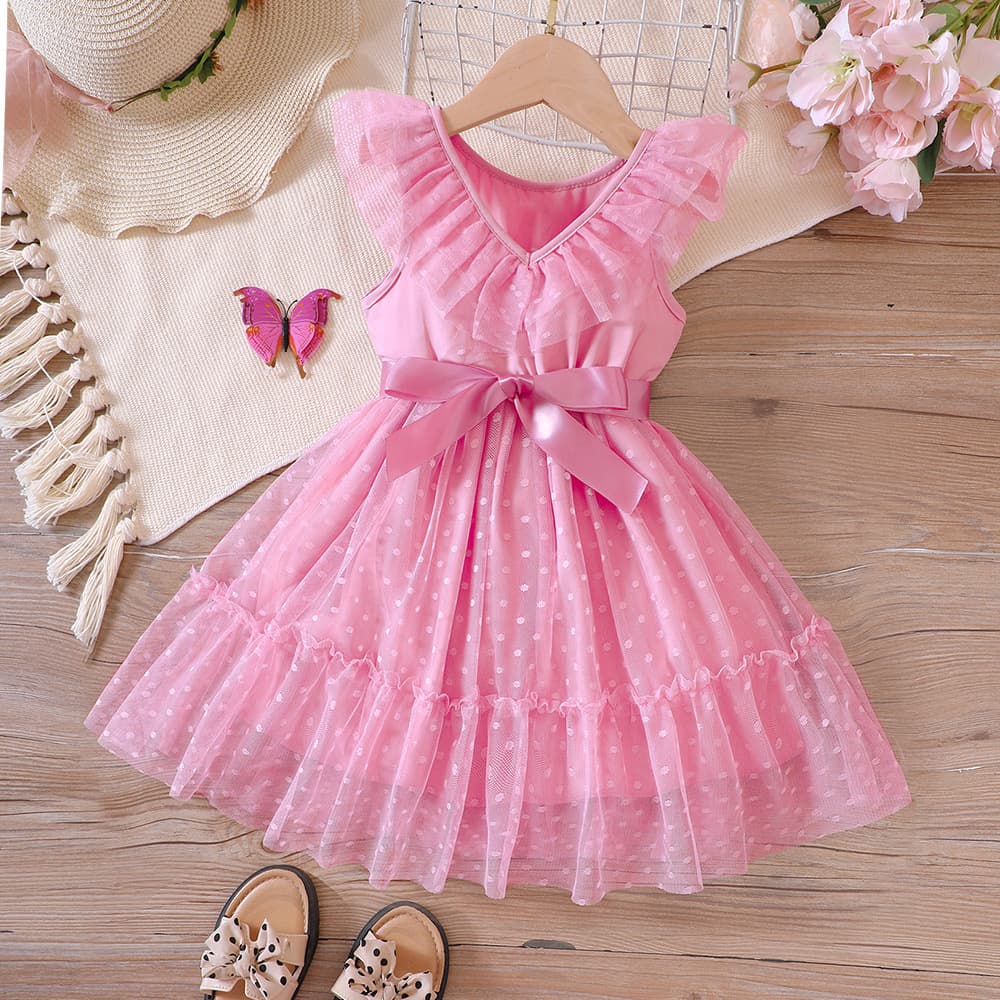 Ew Foreign Trade Children's Clothing New Product for Small and Medium-Sized Children, Girls' Spring and Summer Lace Polka Dot Patchwork Mesh Dress Q1355-D