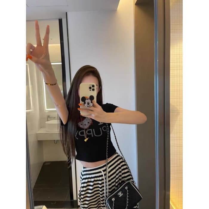[210g 40 Count Pure Cotton] Kt Cat Perm Right Shoulder Short-Sleeved T-Shirt Women's Slim Short American Sexy Top Summer