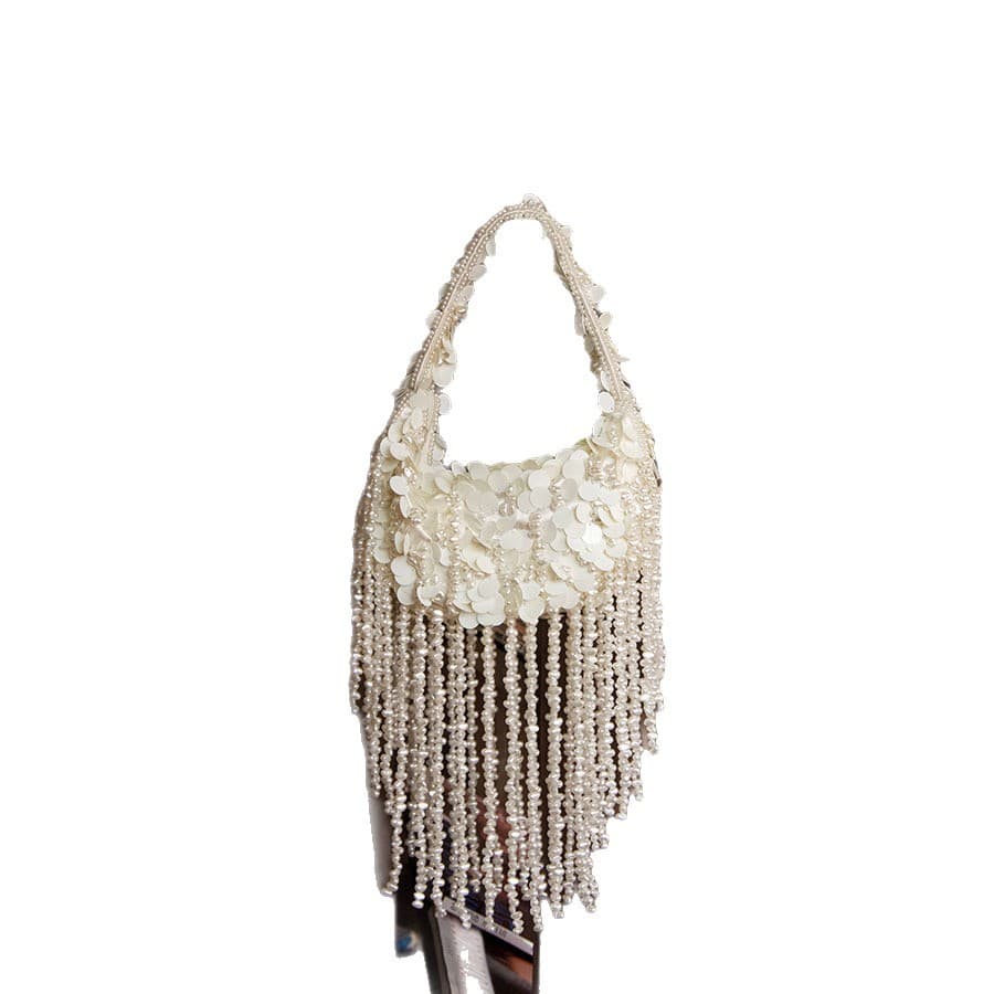 French-Style Textured Socialite Tassel Chain Underarm Bag with Beaded Sequins, Simple Crossbody Small Square Bag