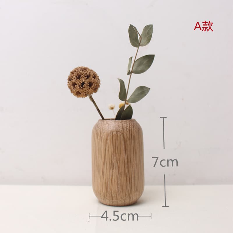 Japanese Style Solid Wood Dried Flower Vase Wooden Craft Ins Vase Wabi-Sabi Home Decoration