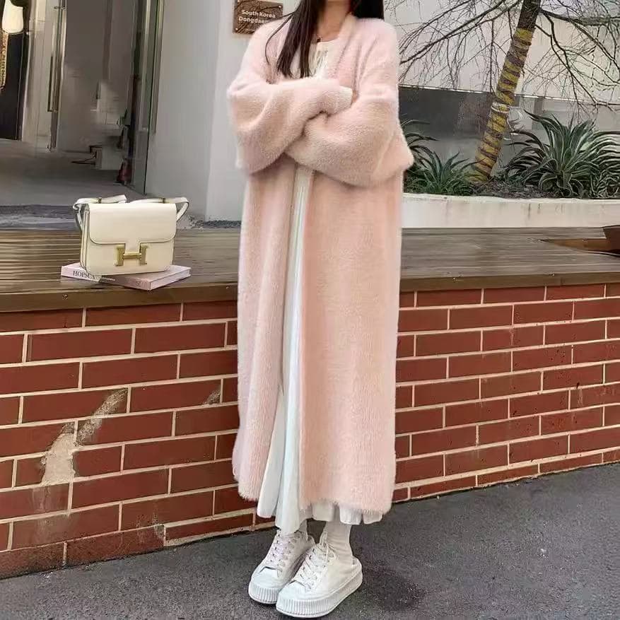 Mink-Like Faux Fur Long Knit Cardigan Coat for Women 2025 Autumn Winter Loose Casual Long Sleeve Sweater Outerwear