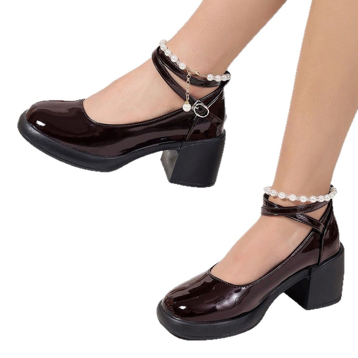 Casual High Heels 2025 Spring Summer New Pearl Buckle Chunky Heel Fashion Shoes