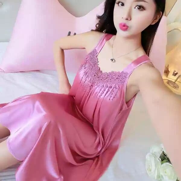 Ice Silk Spaghetti Strap Sleep Dress Plus Size Lace Trim Korean Style