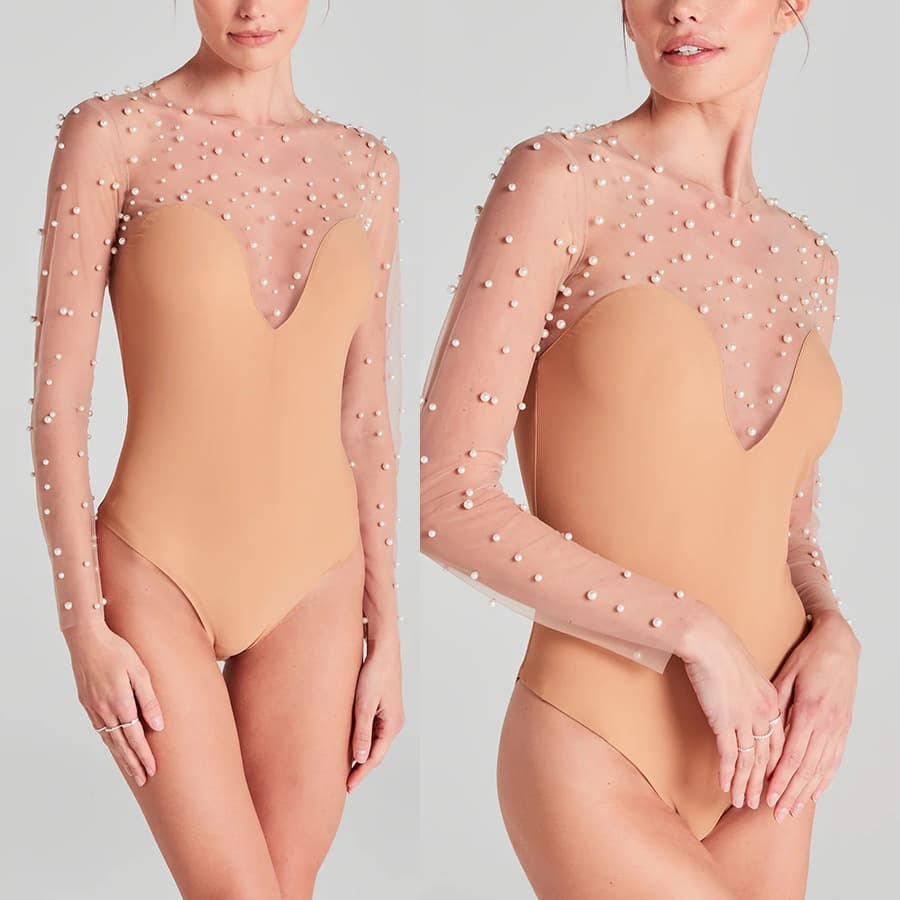 Women's Beaded Bodysuit Long Sleeve Jumpsuit Casual