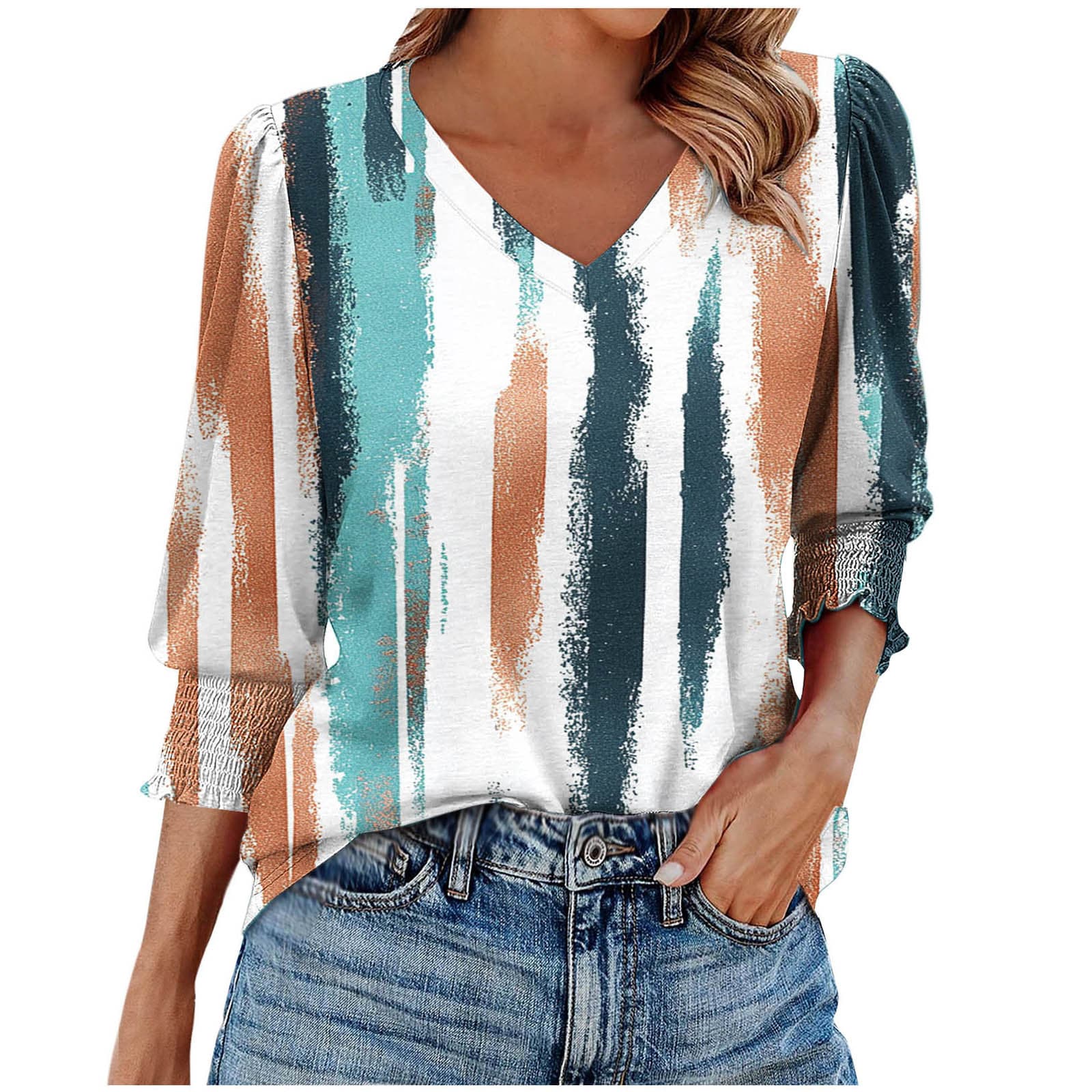 2025 Spring and Summer New Style V Neck Large Size Loose Short-Sleeved Printed T-Shirt Tops Amazon European and American Cross-Border Foreign Trade Women