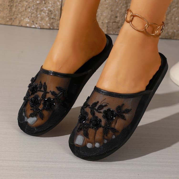 Coarse Mesh Embroidered Home Slippers, European and American Style Half-Toe Mules, Leather Backless Closed-Toe Flat Shoes, Elegant Slippers