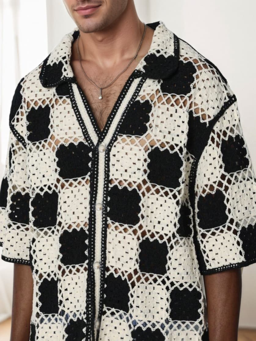 Casual Loose Comfortable Breathable Hollow Embroidered Short Sleeve Men's Knitted Cardigan